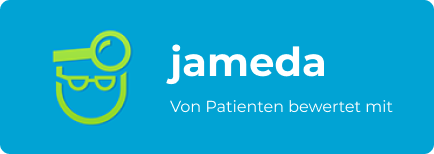 blaues Logo von Jameda, damit Nutzer Bewertungen über den Orthopäden in München abgeben können